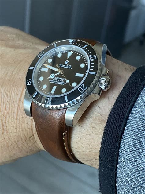 rolex submariner on brown leather strap|Rolex 114060 on leather strap.